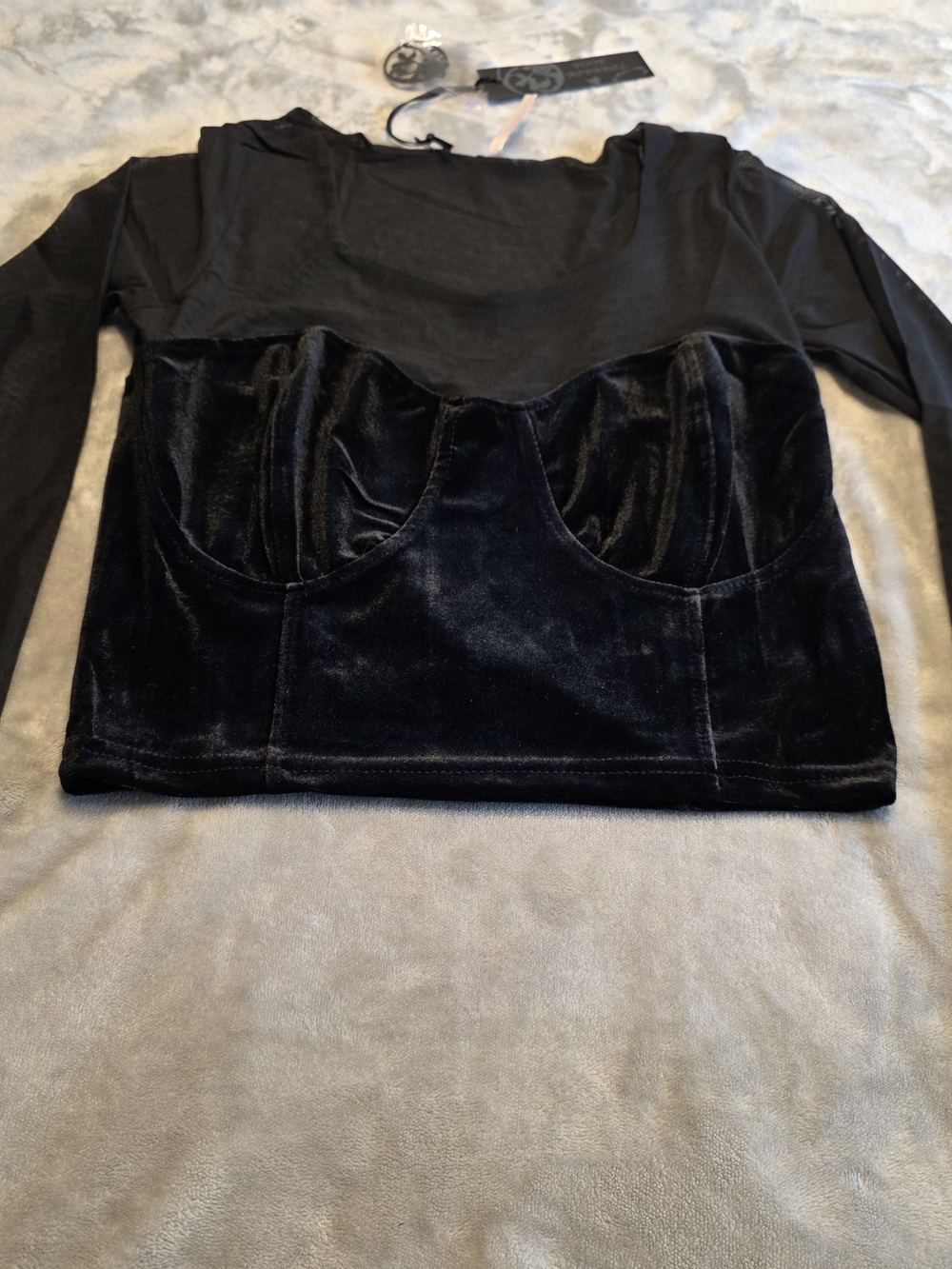 Poof! Black Velvet Bustier Crop Top with Long Sleeves